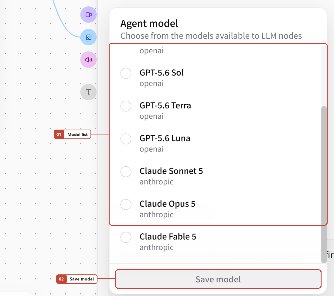 Screenshot of FlowWall AI tutorial: Select the model used by the agent