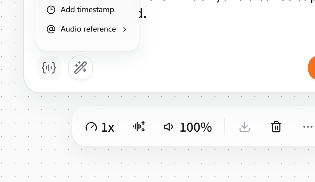 Screenshot of FlowWall AI tutorial: Insert timestamps and audio references using commands
