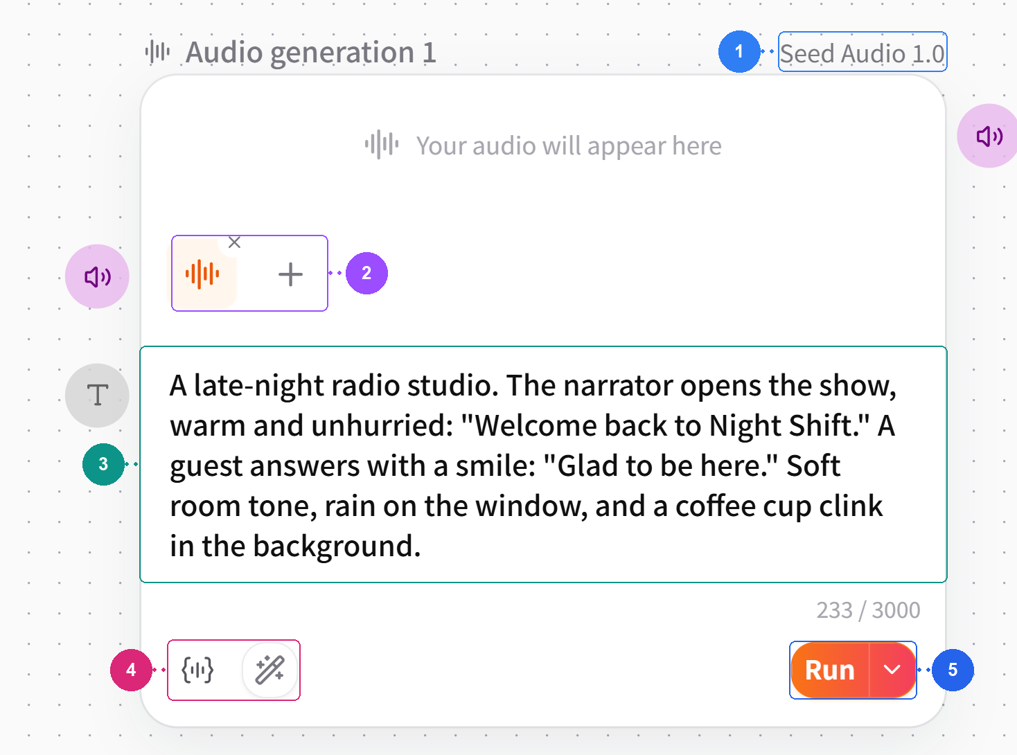 Screenshot of FlowWall AI tutorial: Composition of Audio generation node