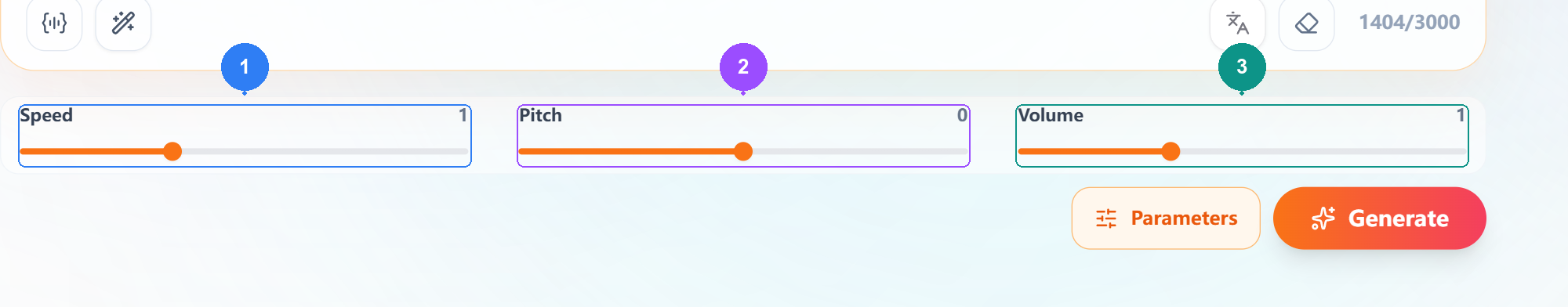 Screenshot of FlowWall AI tutorial: three sliders for speaking speed, tone and volume