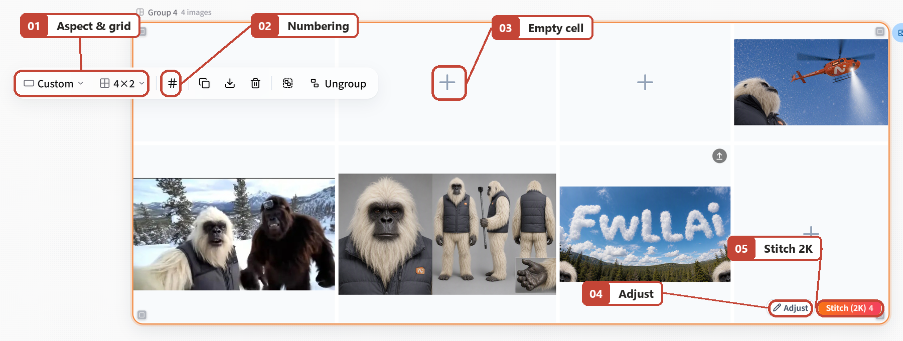 Screenshot of FlowWall AI tutorial: Grid group’s drawing paper, toolbar and splicing