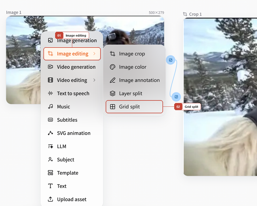 FlowWall AI tutorial screenshot: Find Grid split in the node menu