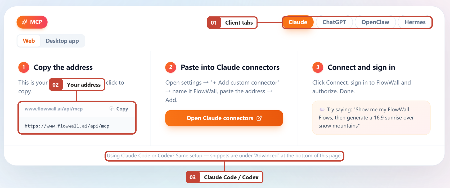 Screenshot of FlowWall AI tutorial: copy the exclusive address and access it as a client