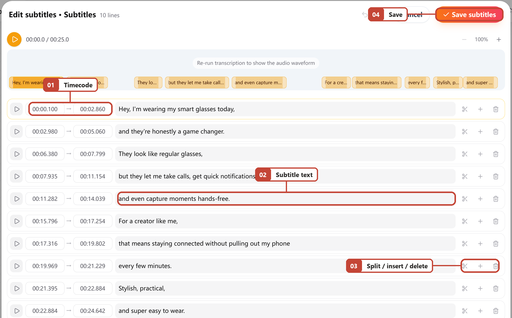 Screenshot of FlowWall AI tutorial: Edit Subtitles content and time item by item