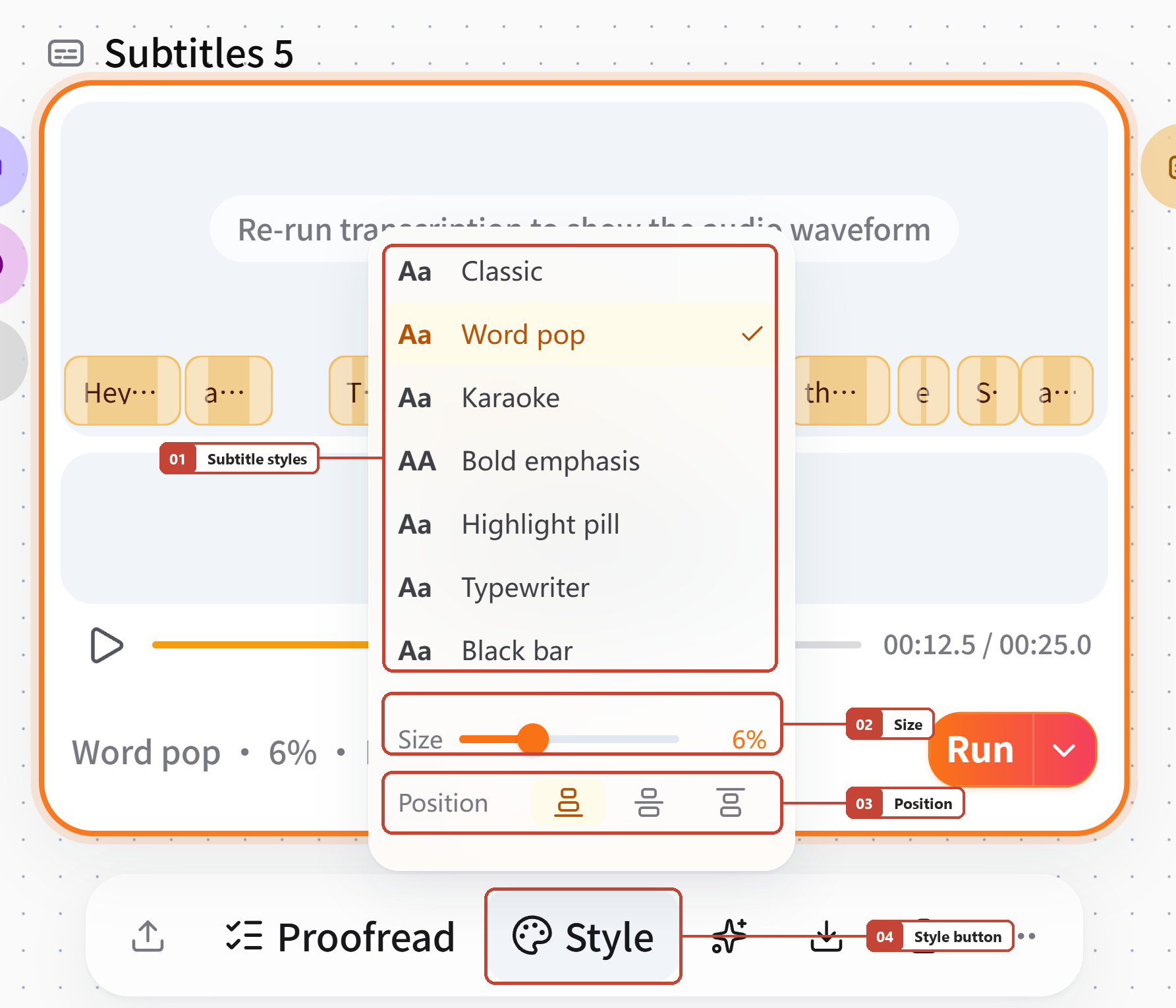 Screenshot of FlowWall AI tutorial: Select Subtitles style, font size and position