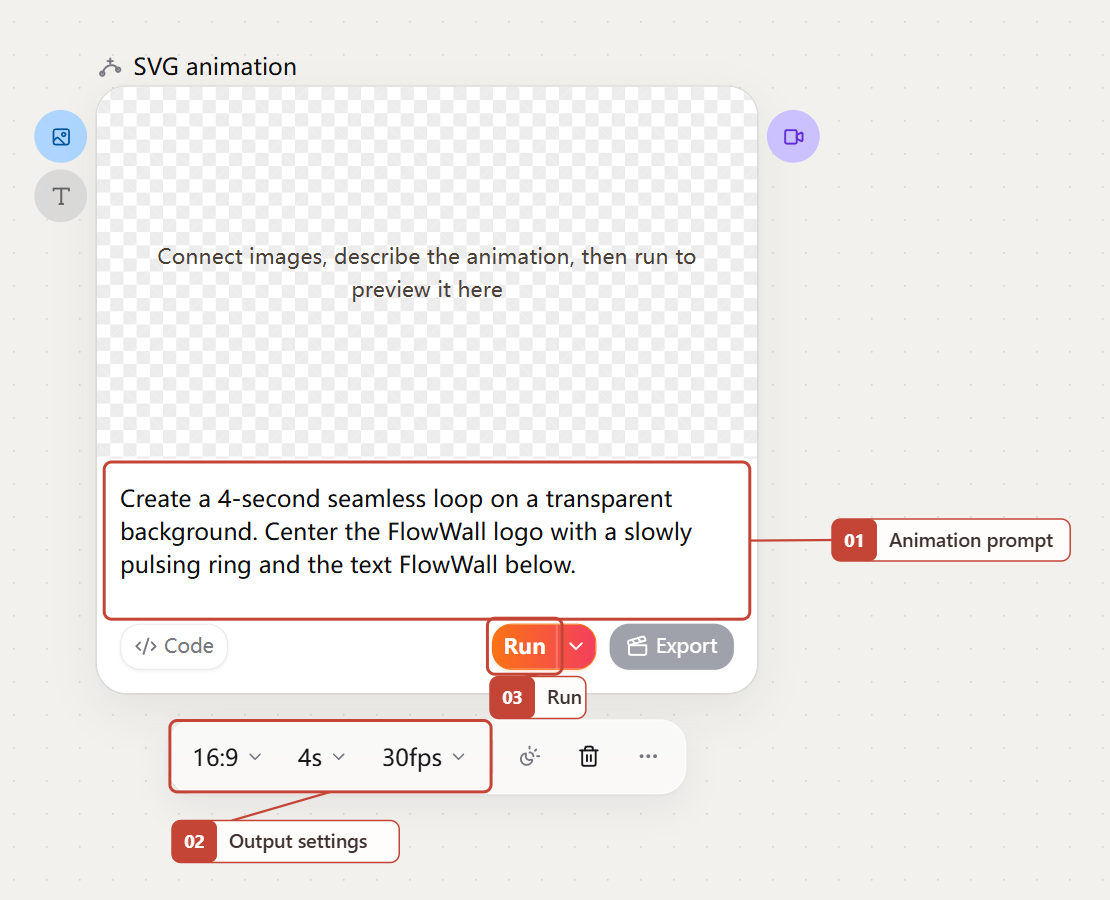 SVG animation input and run settings