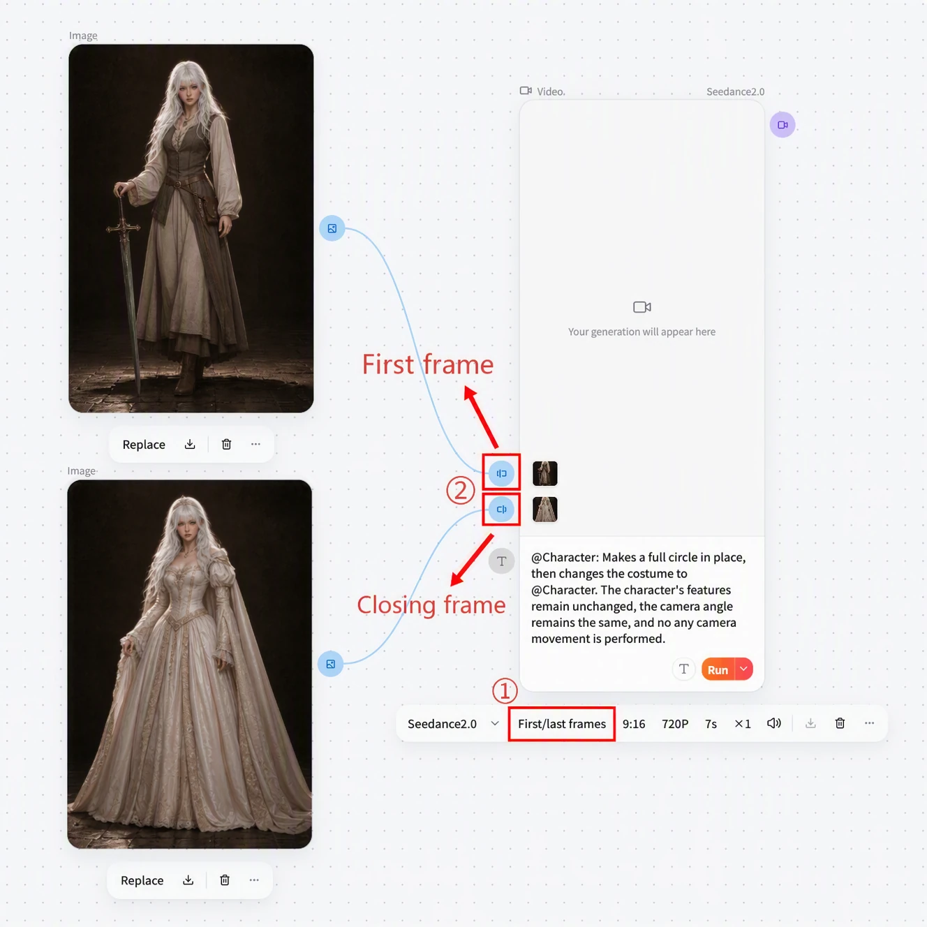 Screenshot of FlowWall AI tutorial: connection method of first and last frame mode