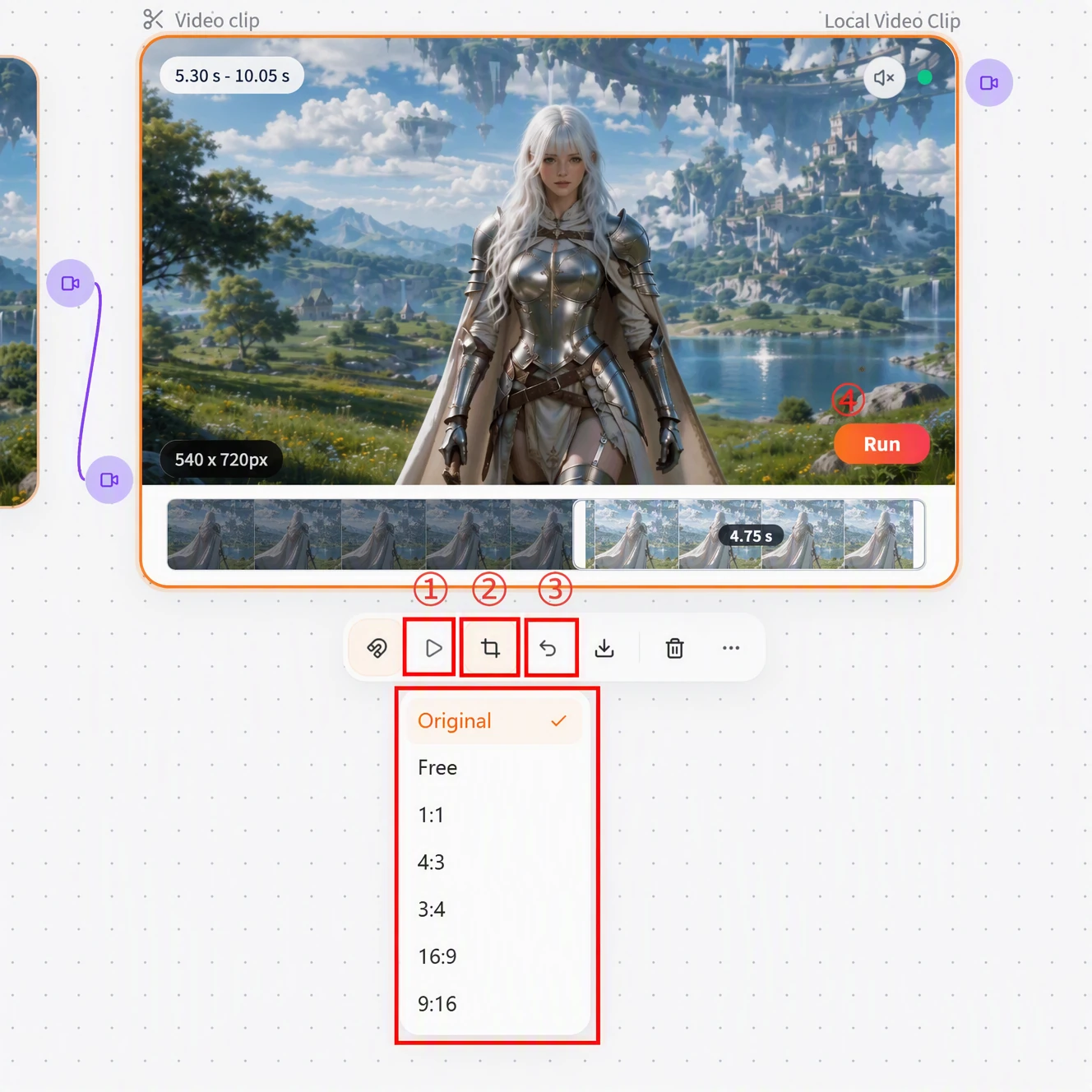FlowWall AI tutorial screenshot: Video clip interface and tools