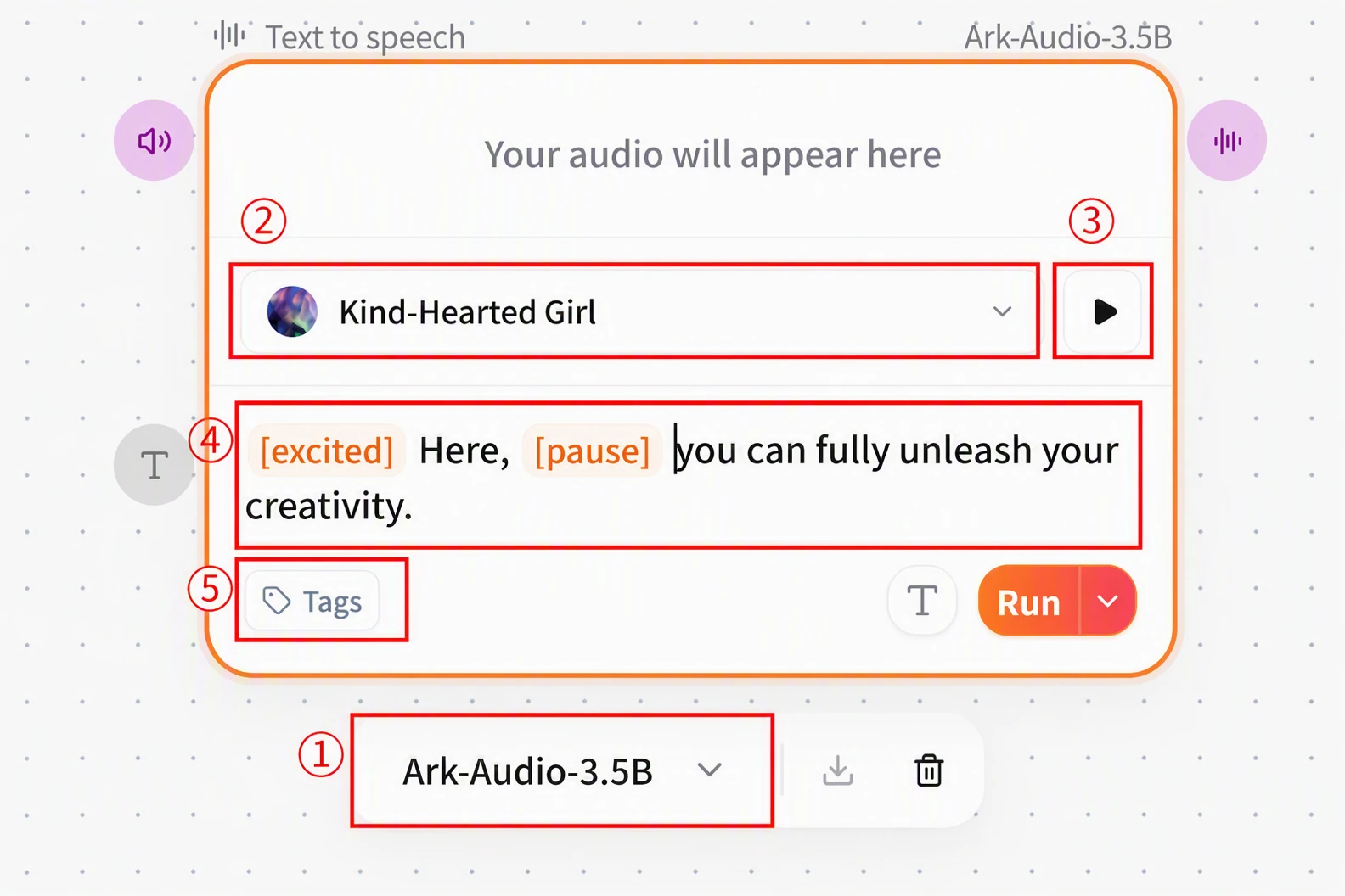 FlowWall AI tutorial screenshot: Text to speech node parameters
