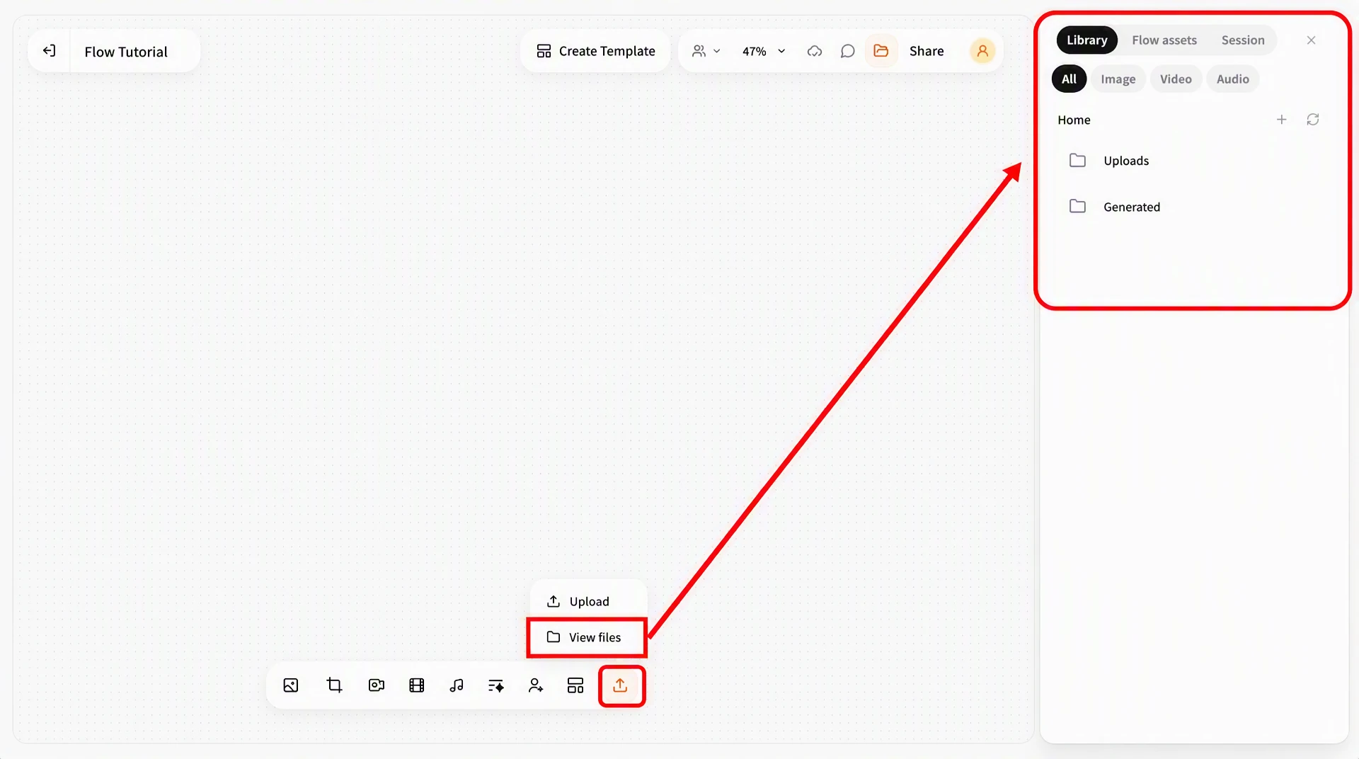 Screenshot of FlowWall AI tutorial: Enter the asset library through "View Files"
