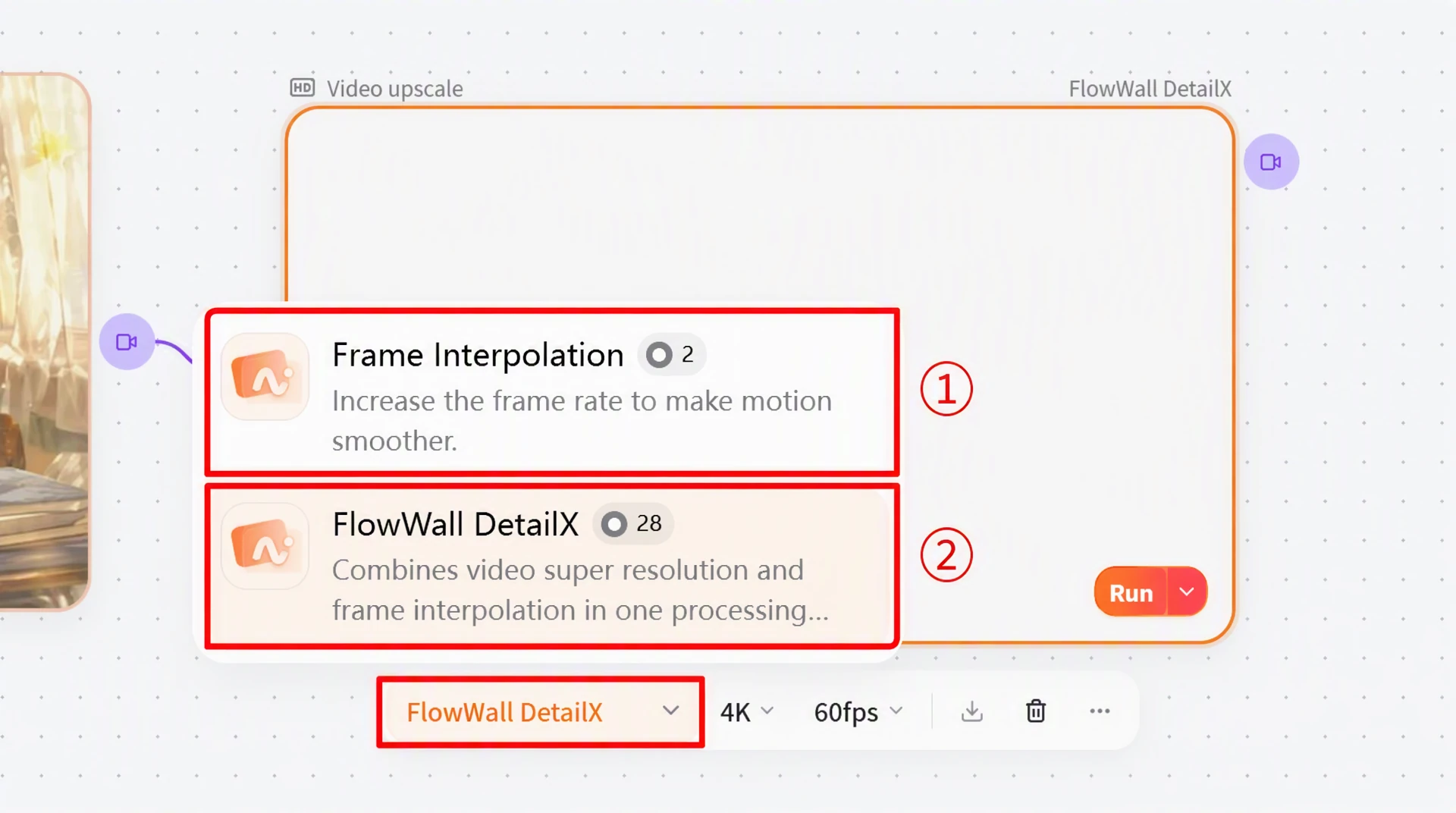 Screenshot of FlowWall AI tutorial: Video upscale model difference