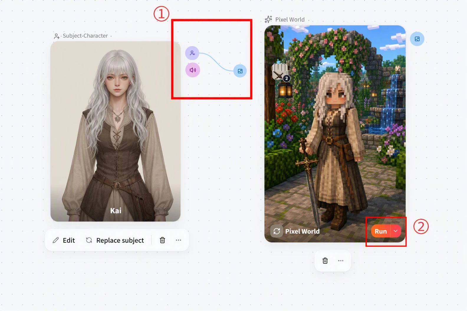Screenshot of FlowWall AI tutorial: Connect the subject to an image or video node