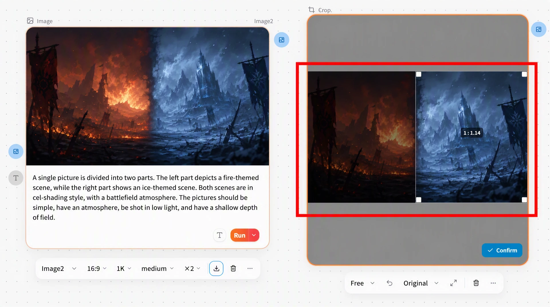 Screenshot of FlowWall AI tutorial: cropping toolbar and “Confirm” confirmation button