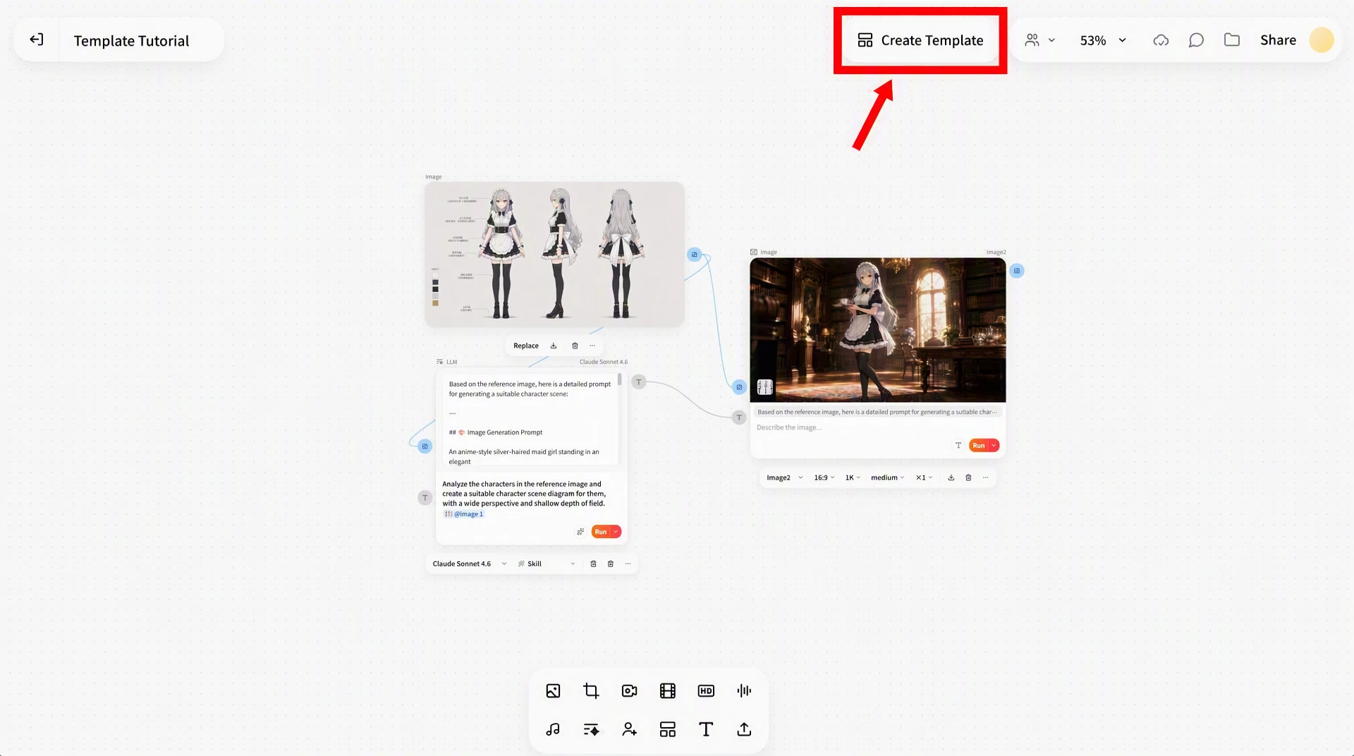 Screenshot of FlowWall AI tutorial: Create a template from the upper right corner