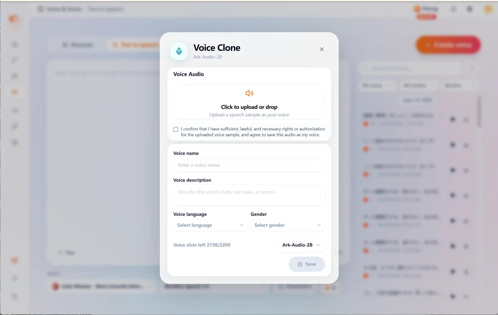 Upload a voice sample and fill in name, description, language and gender