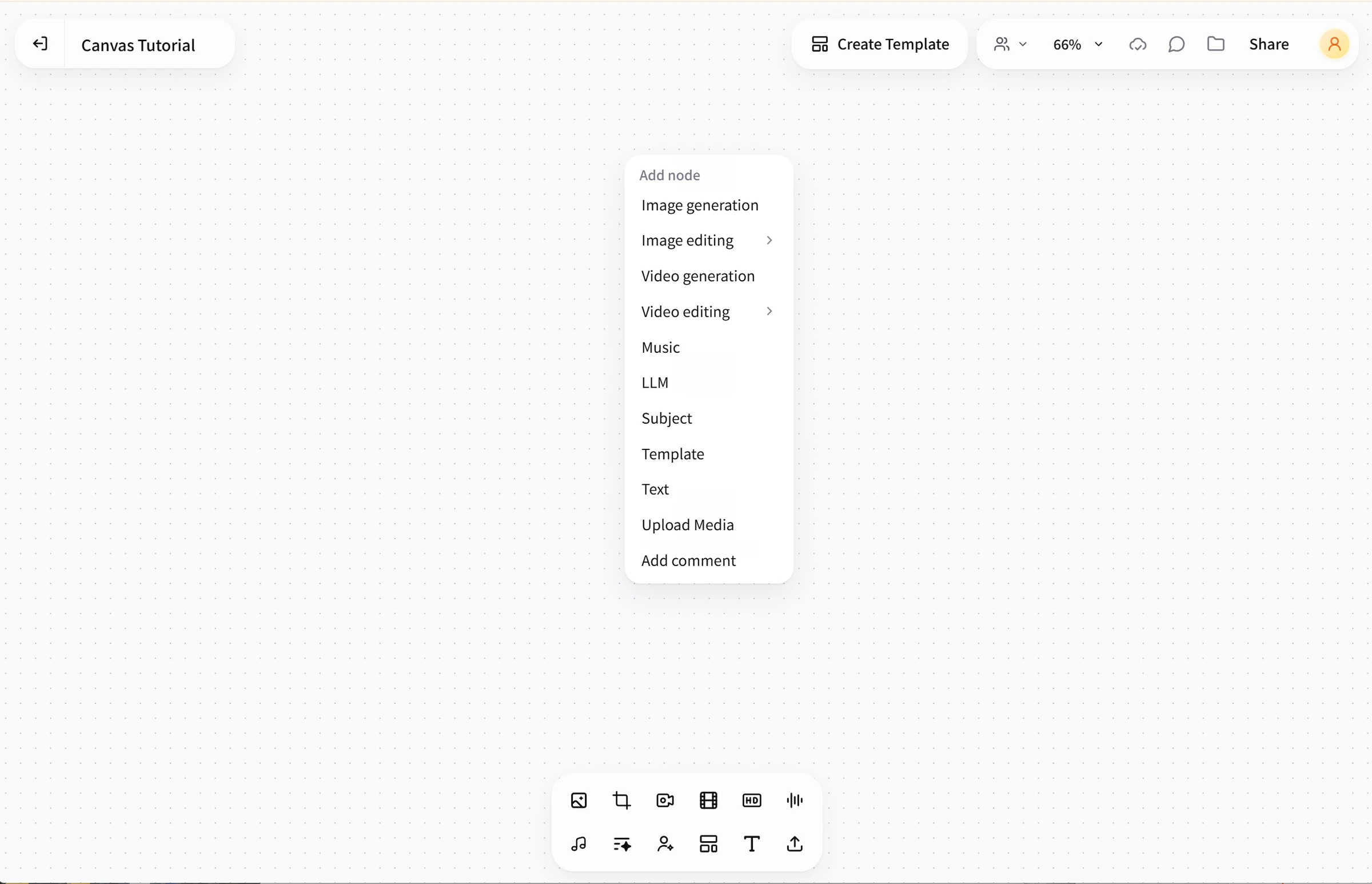 Screenshot of FlowWall AI tutorial: Add nodes from the right-click menu
