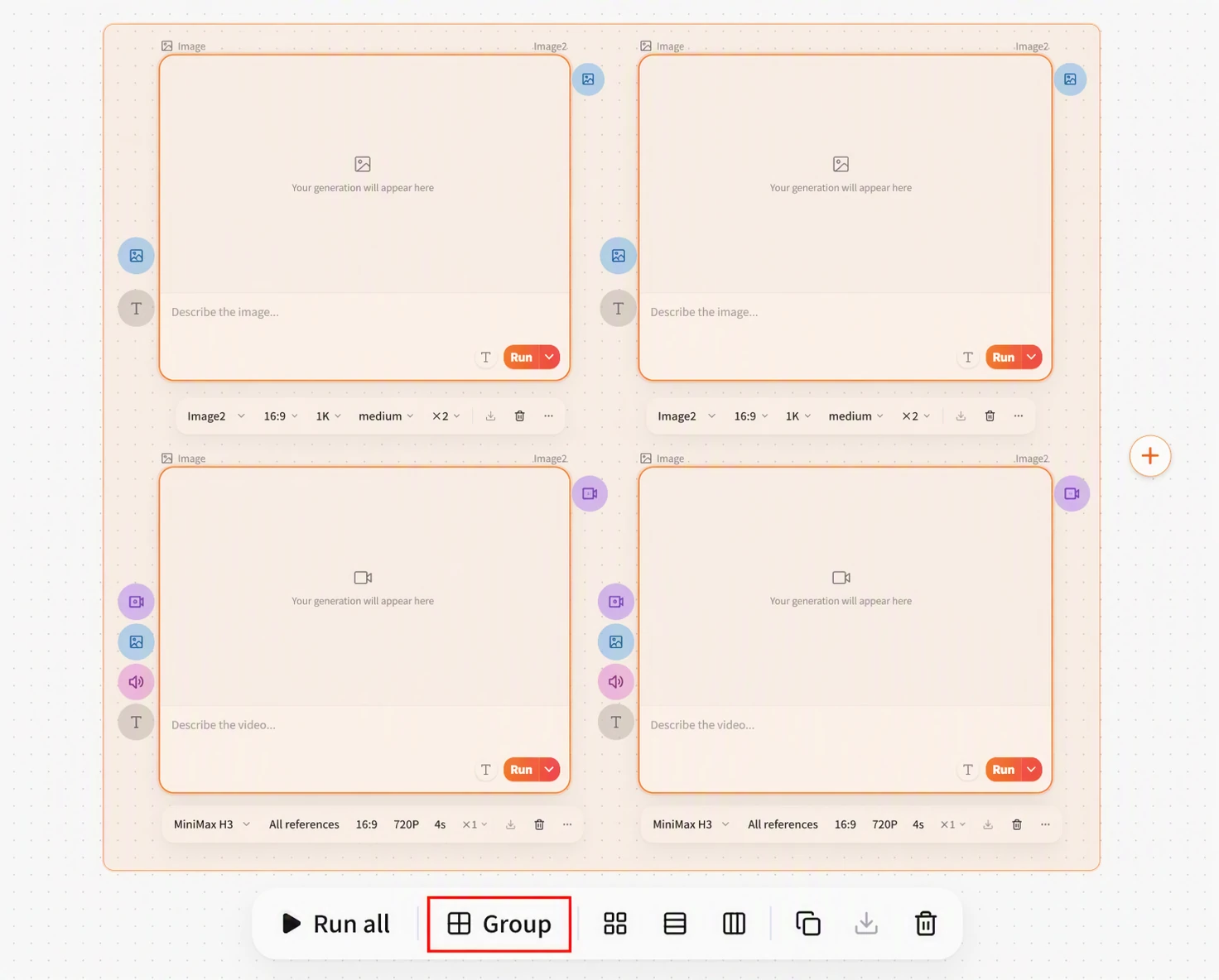 Screenshot of FlowWall AI tutorial: Group selected nodes
