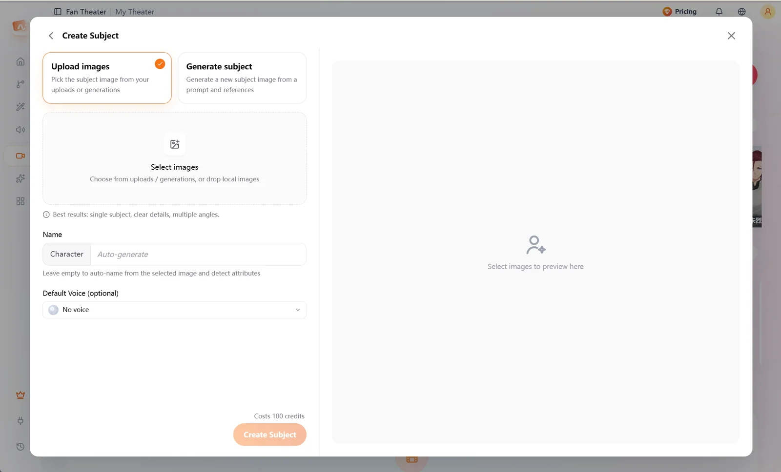 Upload images, generate characters, names and default sound settings in the Create Subject window