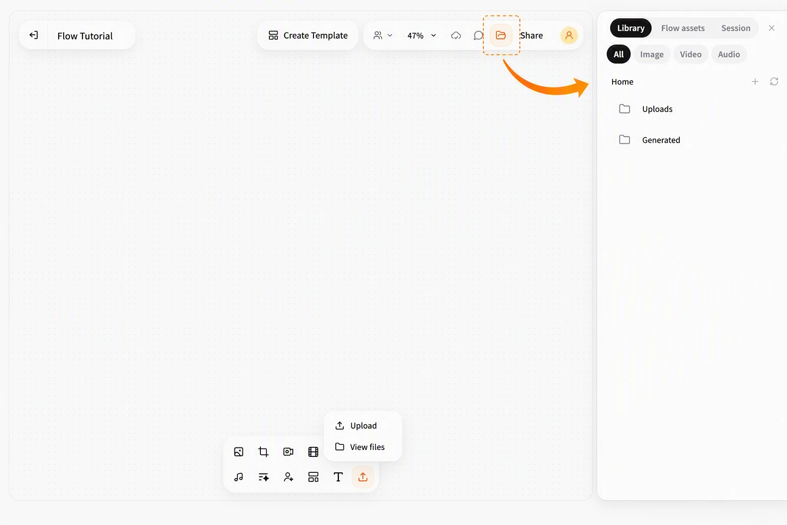 Screenshot of FlowWall AI tutorial: Open the asset library and view the categories