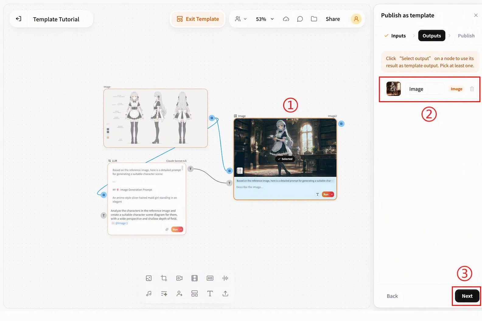Screenshot of FlowWall AI tutorial: Setting template output