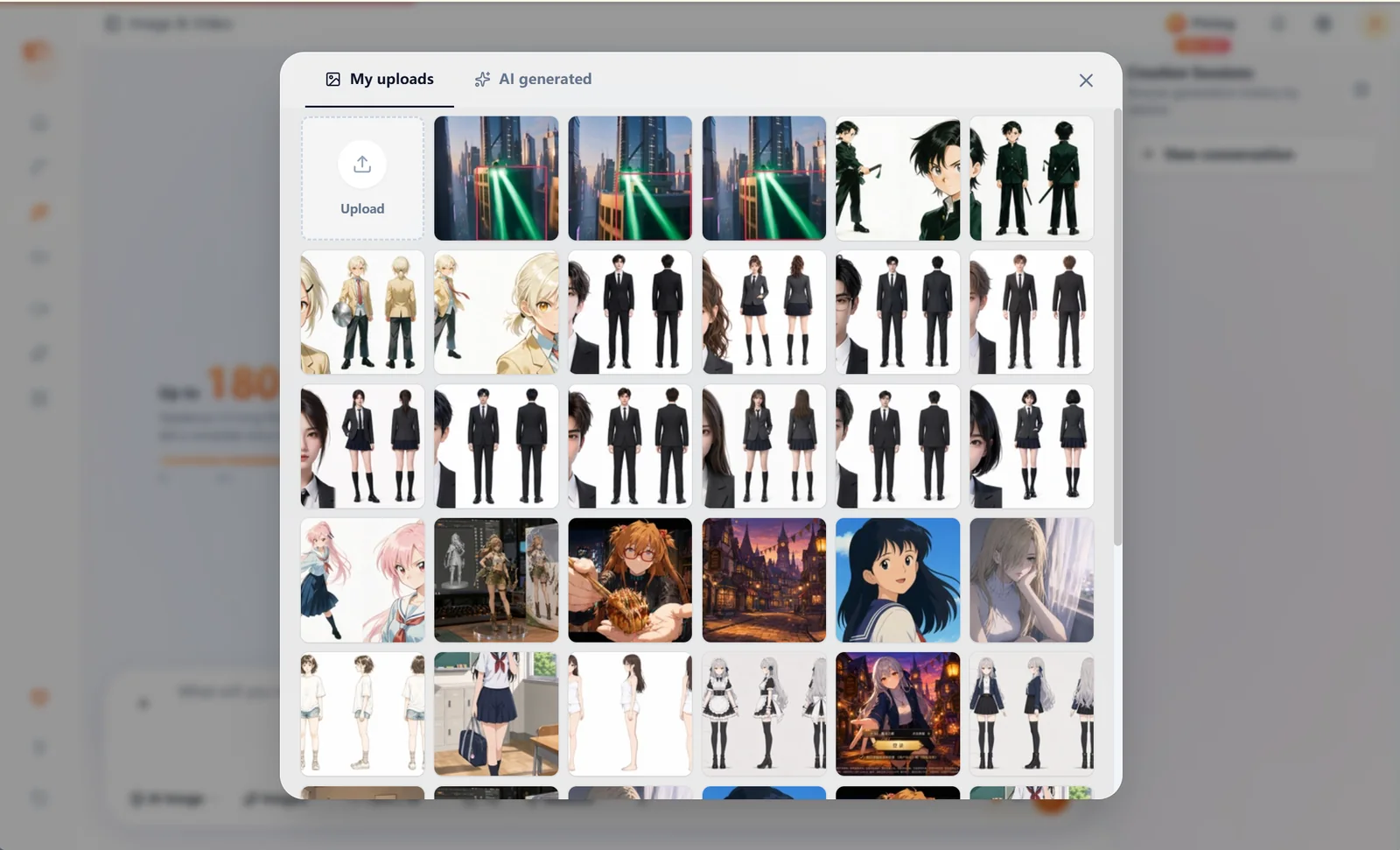 The material selection window that opens after clicking Add Reference Picture in Pictures & Videos: My uploads tag and uploaded pictures