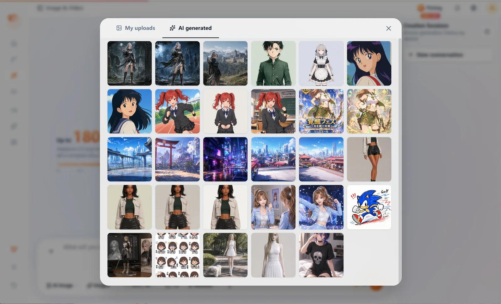 The material selection window that opens after clicking Add Reference Image in Pictures & Videos: AI generated tags and generated images