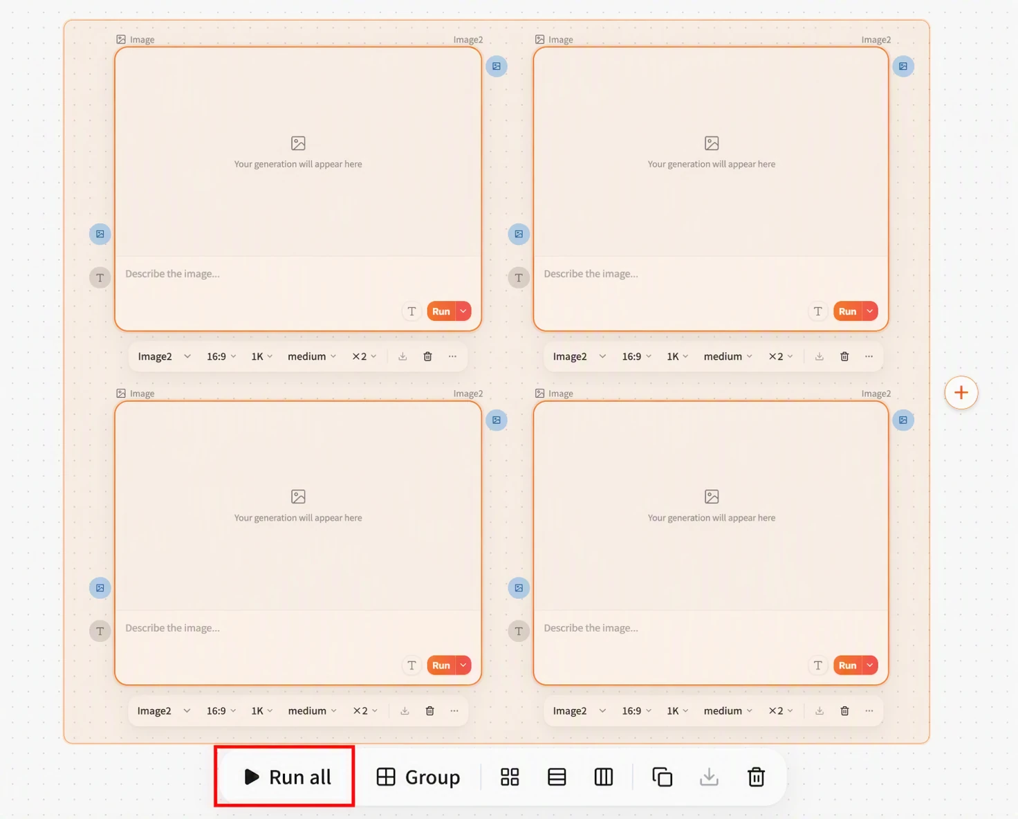 Screenshot of FlowWall AI tutorial: run all nodes after selecting them