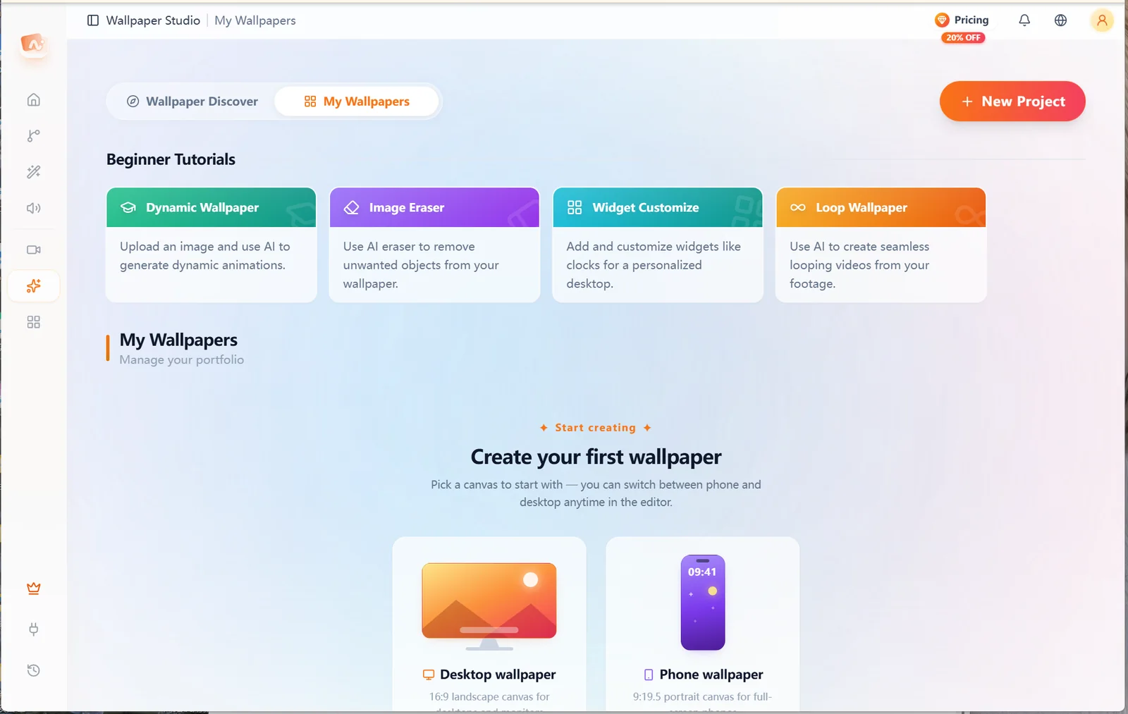 New project portal, getting started tools and device canvas selection for My Wallpapers