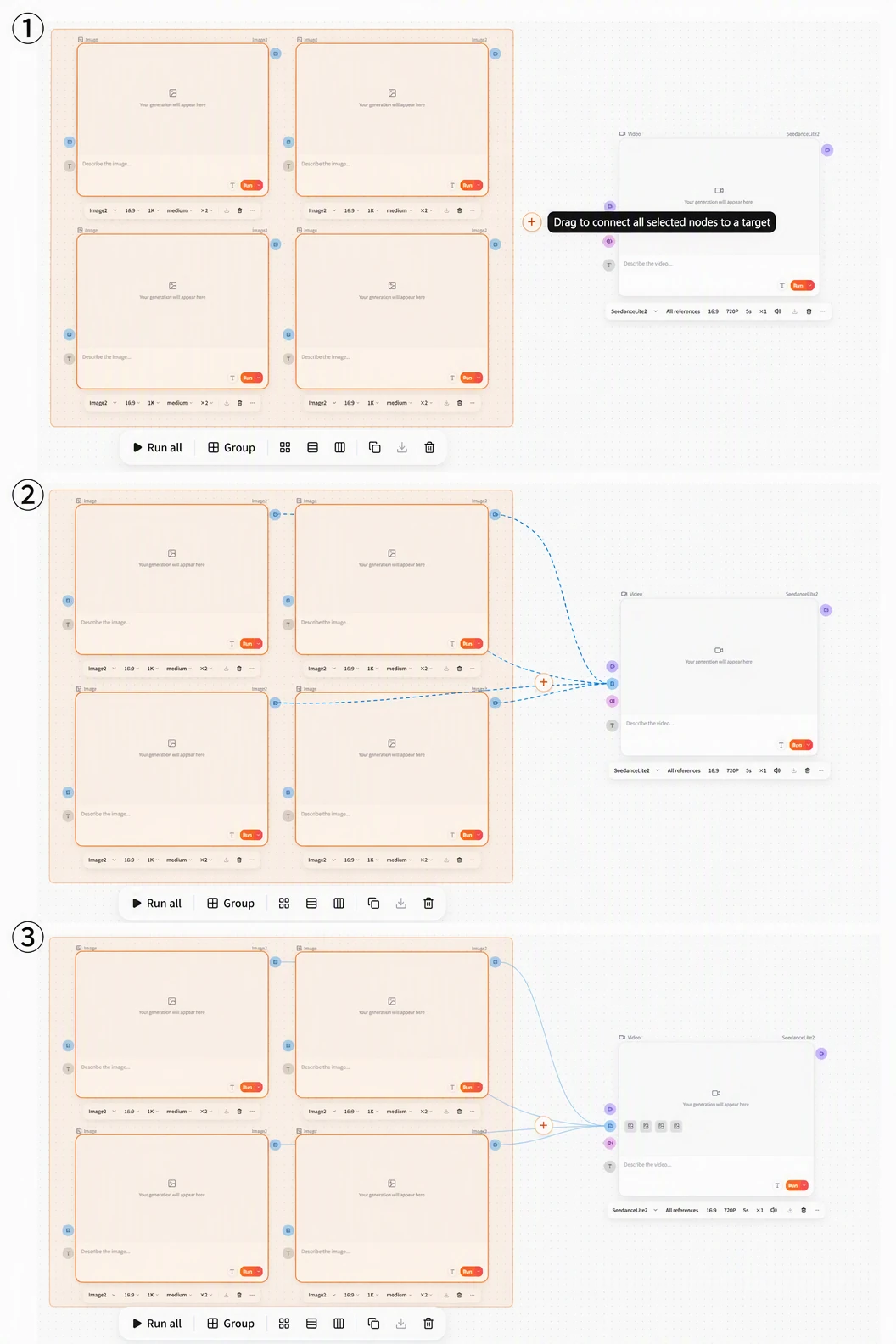 Screenshot of FlowWall AI tutorial: connect nodes of the same type in batches in three steps