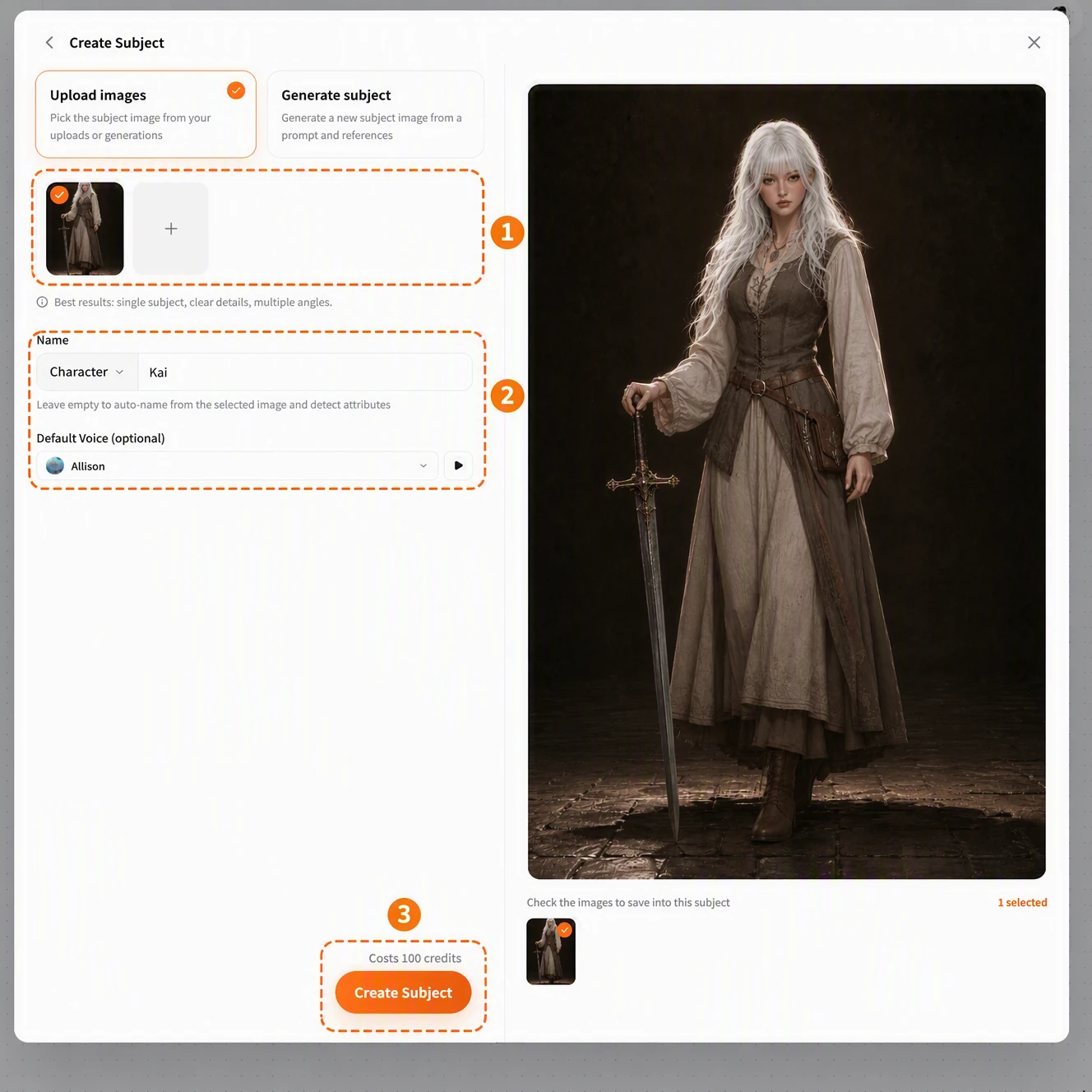 Screenshot of FlowWall AI tutorial: Upload the reference image and fill in the subject information
