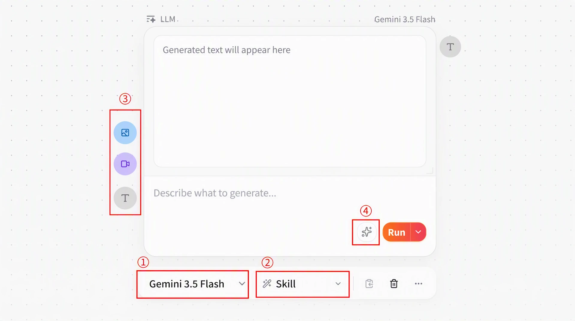 Screenshot of FlowWall AI tutorial: parameters and input methods of LLM node