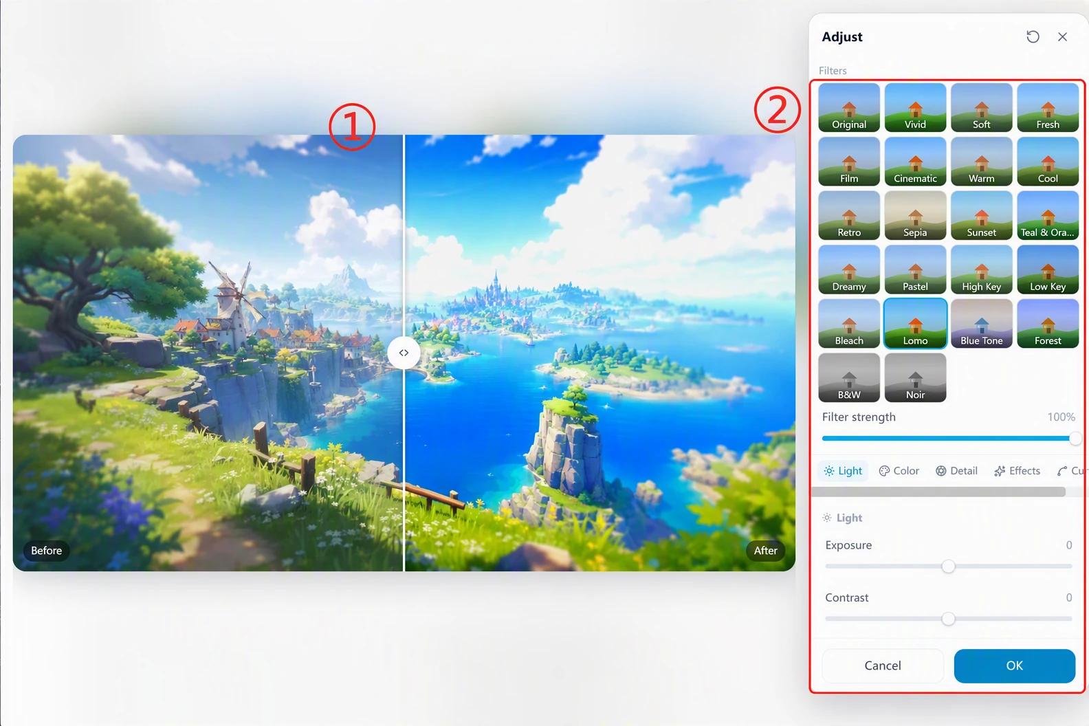 Screenshot of FlowWall AI tutorial: zoom in to see the color grading effect