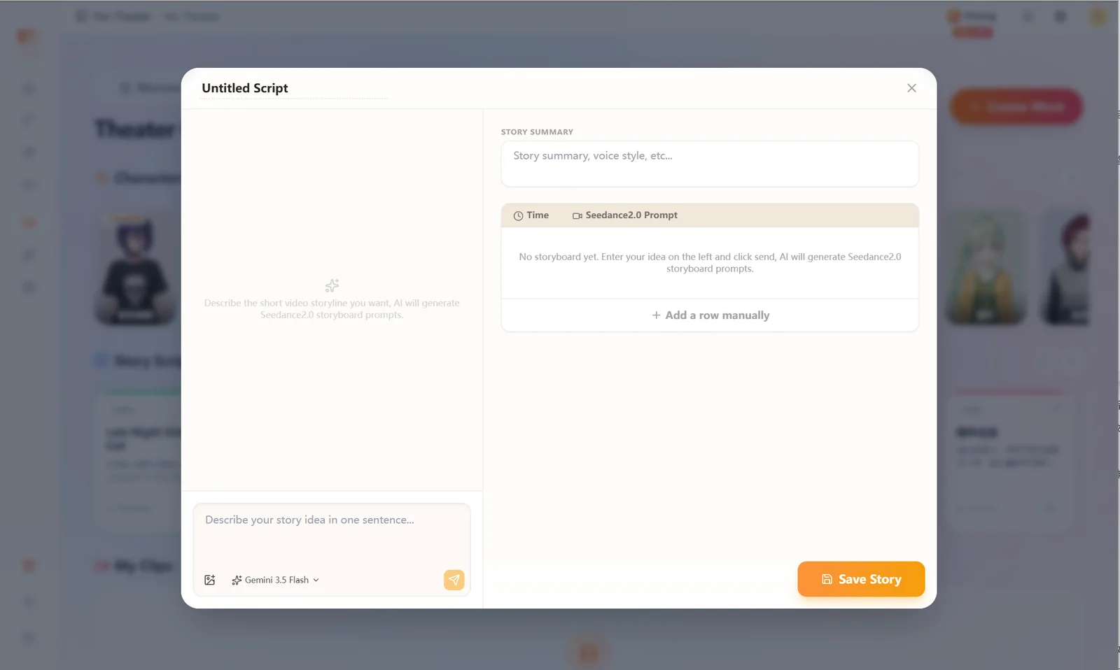 Story ideas, summaries, and Seedance storyboard tips in the Storyboard window