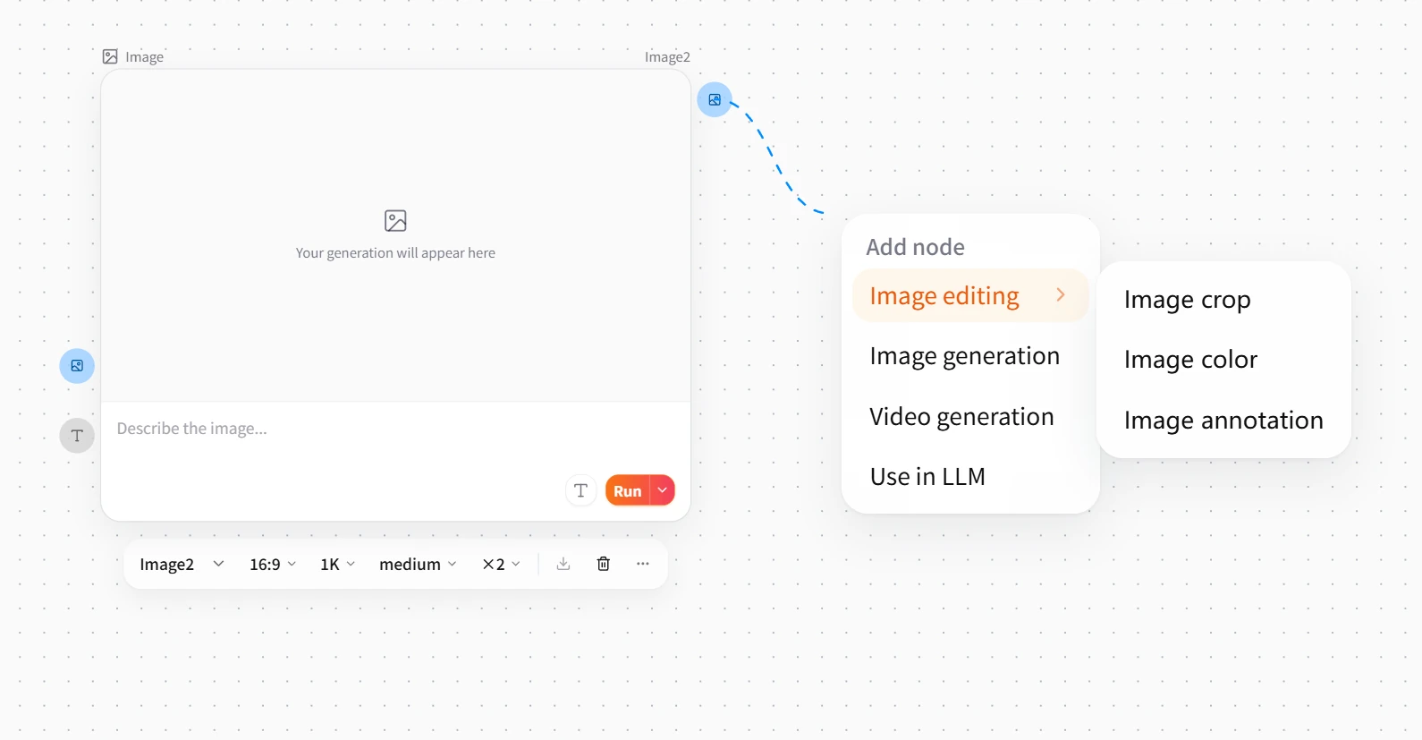 Screenshot of FlowWall AI tutorial: Quickly add and automatically connect nodes from output ports