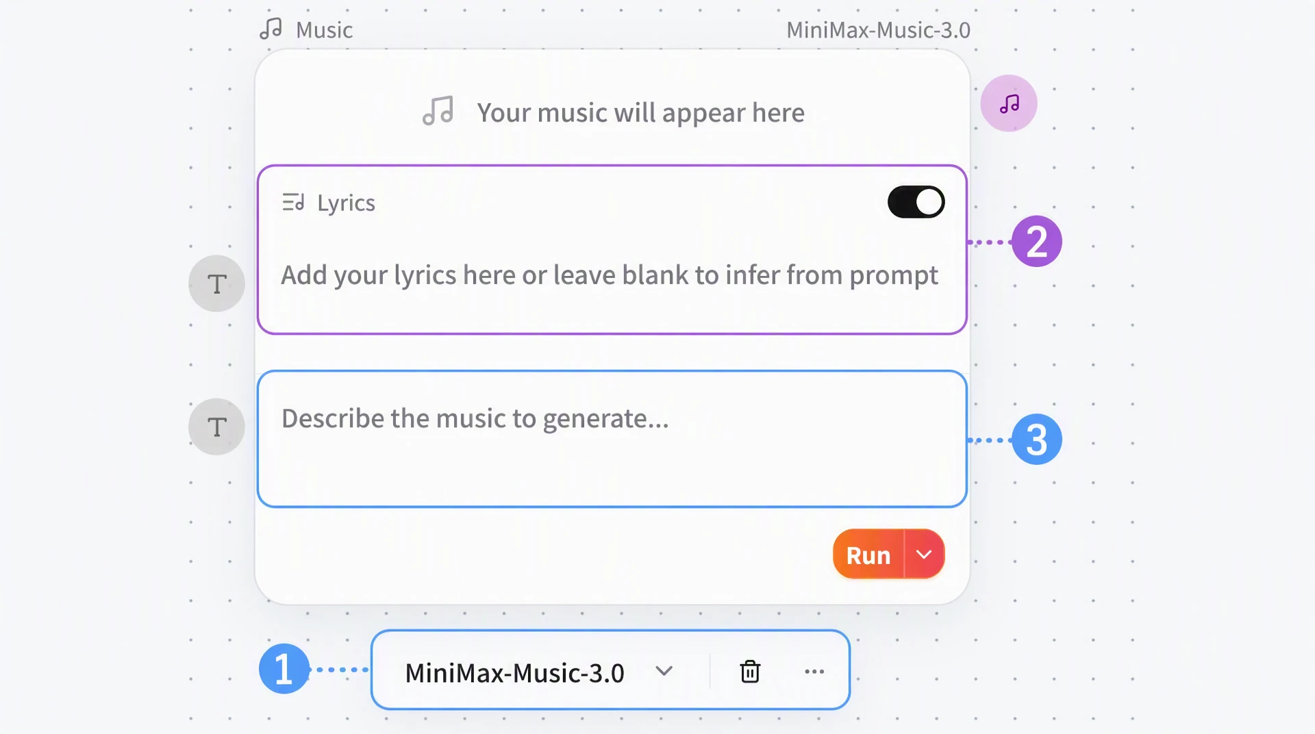 Screenshot of FlowWall AI tutorial: model, lyrics and description of music nodes