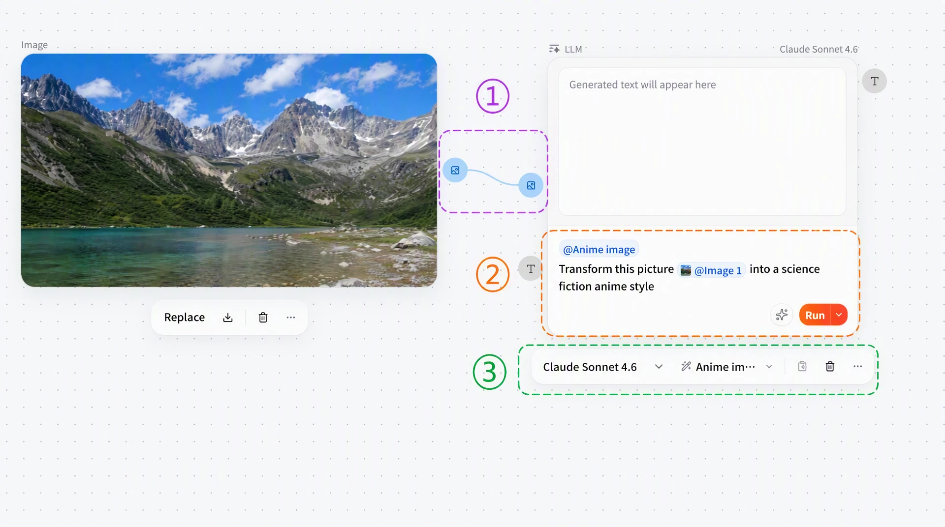 Screenshot of FlowWall AI tutorial: calling LLM using materials and prompt words