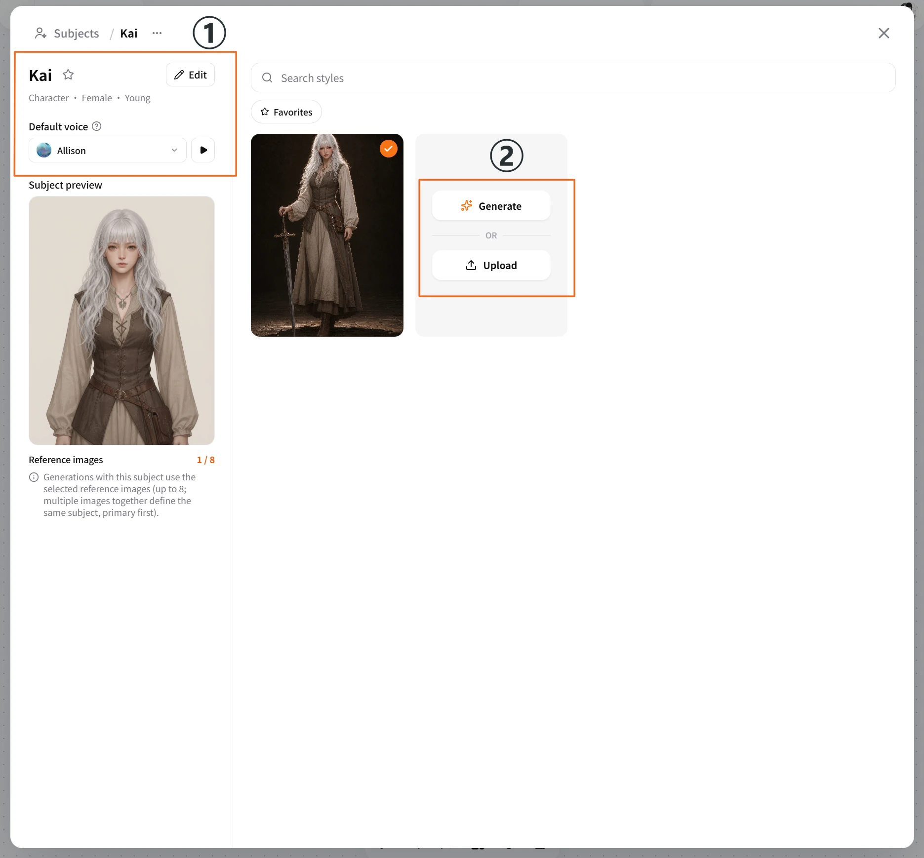 Screenshot of FlowWall AI tutorial: View subject details and add reference images