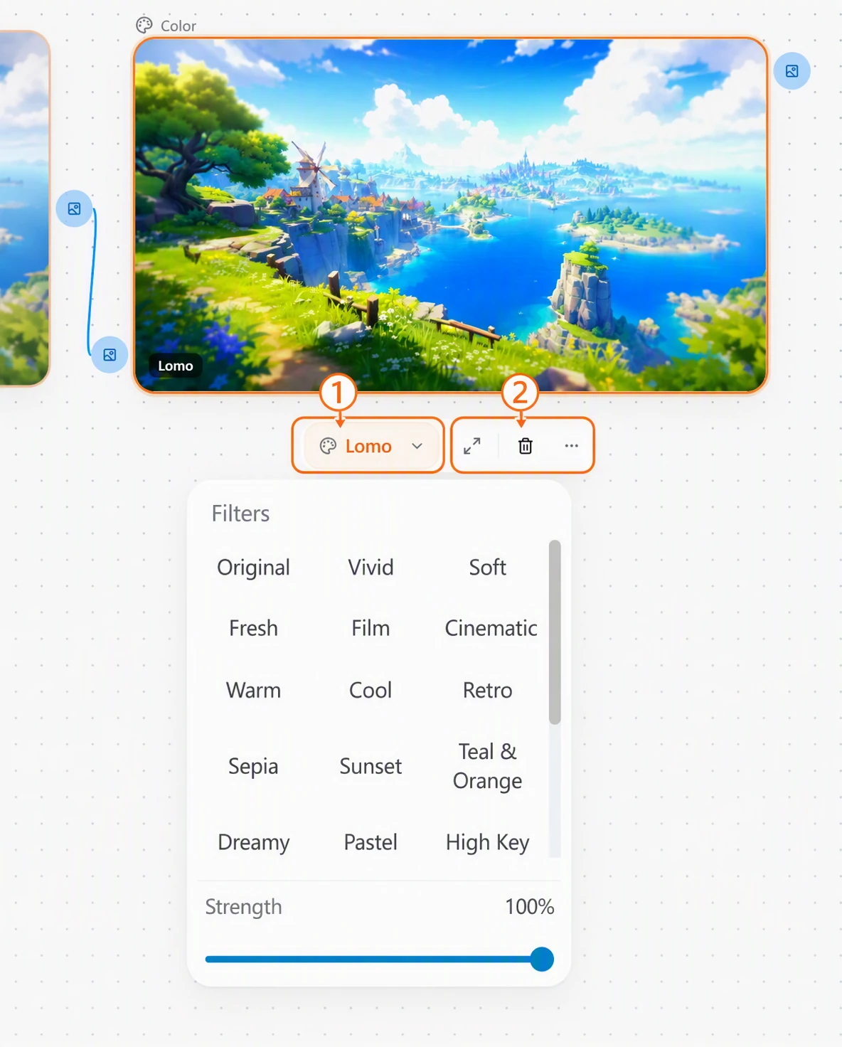 Screenshot of FlowWall AI tutorial: Color grading in image nodes